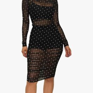 Black and White Embellished Long Sleeve Bodycon Dress